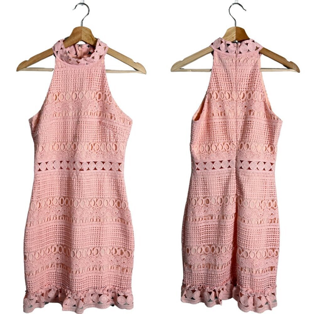 Two Sisters Crochet Overlay Midi Dress Women's 4 Pink Sheer High Neck Cocktail